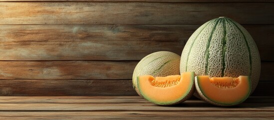 Poster - Whole and sliced fresh ripe melons on a wooden table Room for text. with copy space image. Place for adding text or design