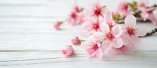 Wall Mural - pink spring blossoms on a white wooden surface. with copy space image. place for adding text or desi
