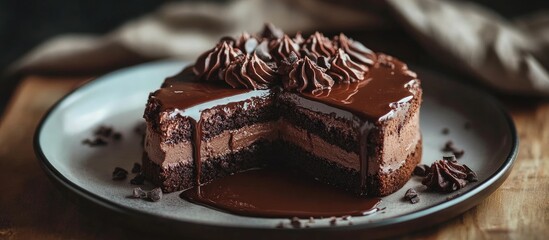 Aufkleber - Chocolate cake topped with chocolate sauce. with copy space image. Place for adding text or design