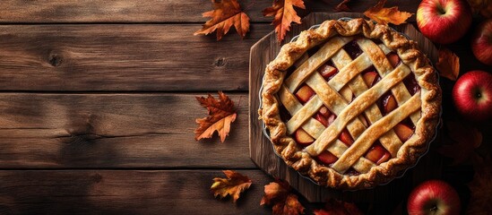 Aufkleber - Homemade traditional apple pie with red apples and leaves on a wooden table seen from above. with copy space image. Place for adding text or design