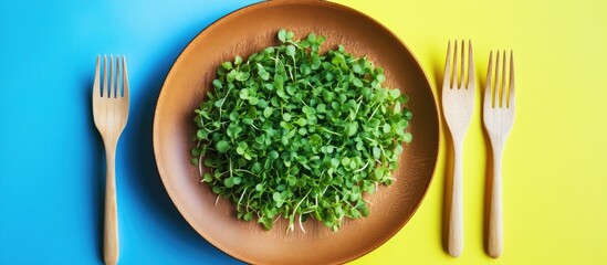 Leinwandbilder - Top view of a plate featuring fresh organic sprout microgreens accompanied by wooden cutlery on a vibrant two tone background Healthy raw food concept Copy space for text Selective focus