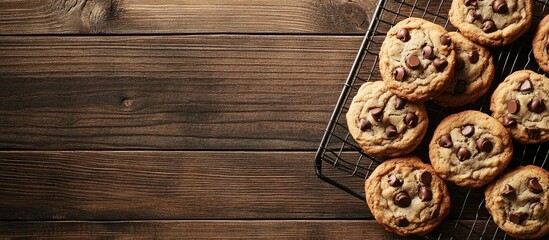 Leinwandbilder - Vertical top view of chocolate chip cookies on a wire rack with selective focus on a wooden table featuring copy space