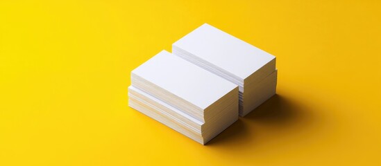 Leinwandbilder - Mockup displaying four stacks of white business cards arranged in rows on a yellow design paper background. with copy space image. Place for adding text or design