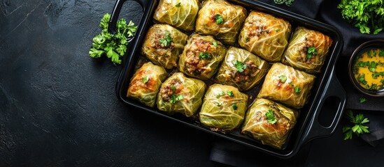 Poster - Stuffed cabbage rolls arranged in a baking tray on a black background Selective focus Toned Traditional Ukrainian dish Eastern European cuisine Top view with copy space