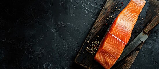Aufkleber - Fresh raw salmon fillet on a cutting board with a knife Black background Top view Copy space