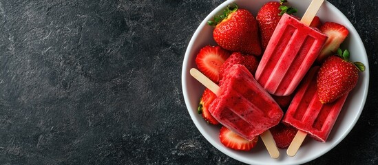 Aufkleber - Strawberry ice cream popsicles on a white plate against a dark background with copy space Fresh strawberry slices in a bowl Top view flat lay