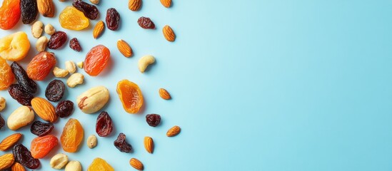 Poster - Mixed dried fruits and nuts on a light blue background seen from above Copyspace available