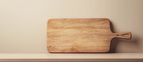 Poster - Empty rectangular wooden cutting board on a simple background flatly positioned with copy space Kitchen utensils in a home kitchen