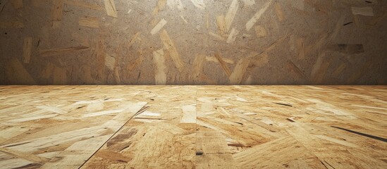Poster - Laminate flooring on an OSB wood background texture Wooden laminate floor with a chipboard backdrop featuring copy space