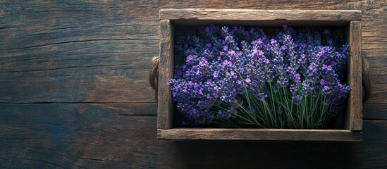 Poster - Lavender blooms in a box on a wooden surface. with copy space image. Place for adding text or design