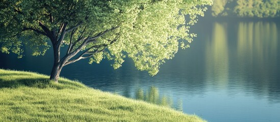 Poster - tree by the lake on grass. with copy space image. Place for adding text or design