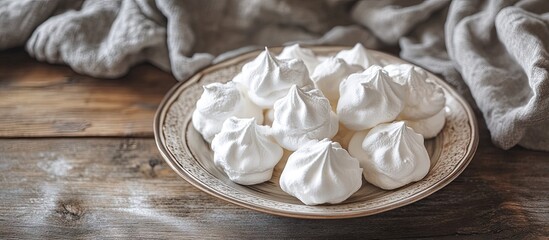 Poster - Traditional Russian homemade meringue marshmallow also known as zephyr served on a plate on a wooden surface Copy space