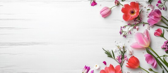 Poster - Fresh beautiful flowers on a white wooden background. with copy space image. Place for adding text or design