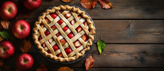 Aufkleber - Homemade traditional apple pie with red apples and leaves on a wooden table seen from above. with copy space image. Place for adding text or design