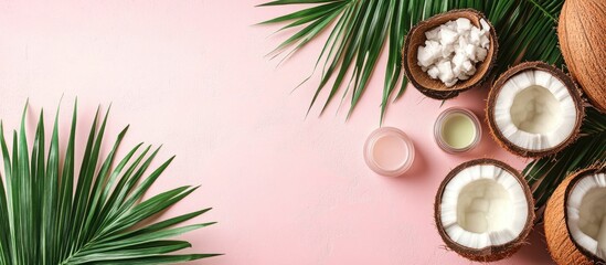 Fototapete - Creative flat lay top view featuring green tropical palm leaves coconut fruits and coconut oil cosmetics for skin and hair care on a pink paper background providing copy space Minimal tropical summe