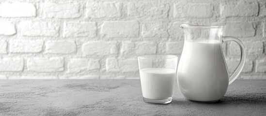 Poster - Milk in a jug and a glass on a grey table set against a white brick wall background. with copy space image. Place for adding text or design
