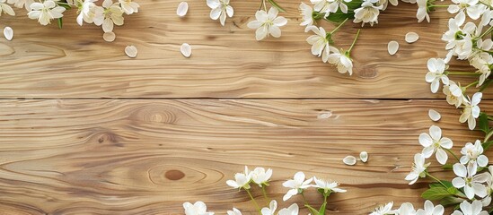 Leinwandbilder - White flowers on a wooden surface Design for Mother s Day or Easter Spring season. with copy space image. Place for adding text or design