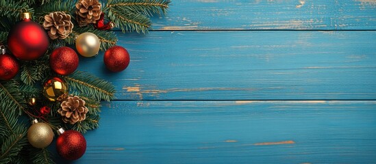 Poster - Decorative Christmas tree and baubles on a blue wooden background with copyspace