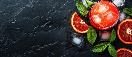 Fototapete - Blood orange juice with fresh mint leaves and ice on a dark stone surface seen from above copyspace
