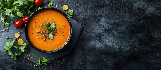 Aufkleber - Italian vegetable lentil soup on a slate stone or concrete surface. with copy space image. Place for adding text or design