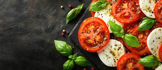 Wall Mural - Italian Caprese Salad featuring sliced tomatoes mozzarella and basil on dark boards Copyspace