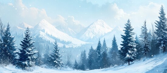 Poster - Winter mountain view with snow laden pines and Christmas trees Concept of the winter season. with copy space image. Place for adding text or design
