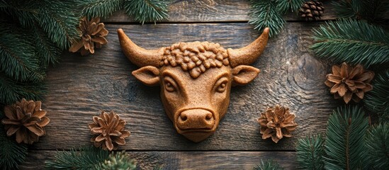 Aufkleber - Ginger cakes shaped like a bull s face on a wooden surface with a backdrop adorned with fir branches Glazed ginger biscuits are present Top view copyspace
