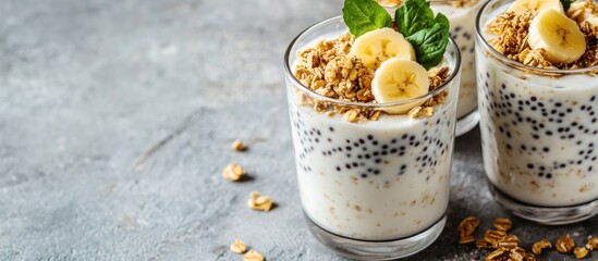 Aufkleber - Yogurt with chia seeds and granola topped with banana in glasses Superfood breakfast idea. with copy space image. Place for adding text or design