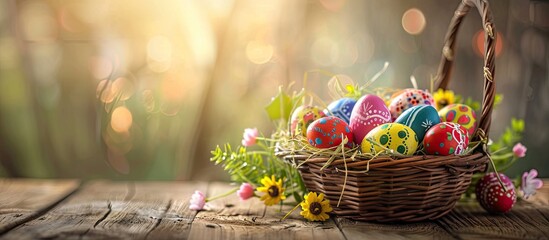 Poster - Basket containing painted colorful Easter eggs on a wooden table. with copy space image. Place for adding text or design