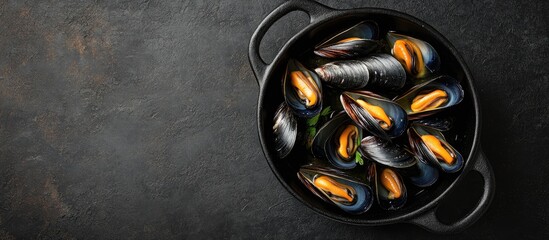 Aufkleber - Traditional barbecue Italian blue mussels in white wine viewed from above in a casserole. with copy space image. Place for adding text or design