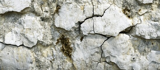 Aufkleber - Rock texture image of a cracked weathered limestone cliff wall featuring a unique and rare grunge natural pattern rough gray stone and some dry moss on the surface Copyspace for text and quotes in 
