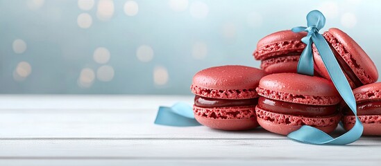 Poster - Red macarons adorned with a blue ribbon on a white wooden table. with copy space image. Place for adding text or design