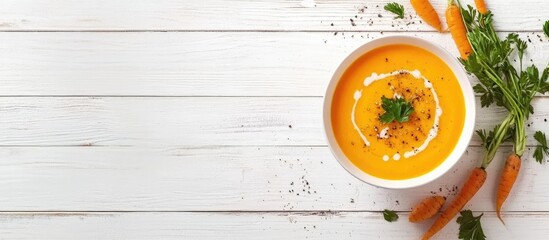 Aufkleber - Roasted pumpkin and carrot soup on a white wooden surface Copyspace