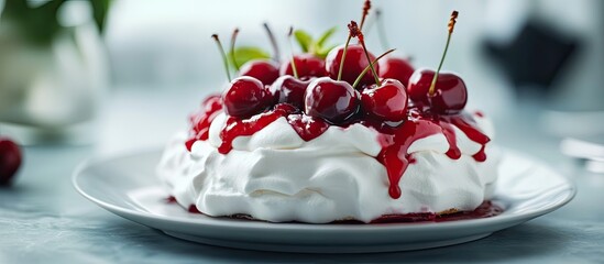 Poster - Meringue pavlova cake topped with fresh cherry sauce on a plate selective focus. with copy space image. Place for adding text or design