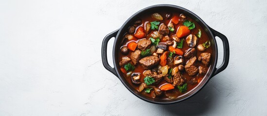 Leinwandbilder - Beef mushrooms and vegetable stew in a pot on a white stone surface Top view. with copy space image. Place for adding text or design