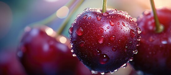 Poster - Macro red cherries with water or dew drops on ripe juicy fruits Sweet summer produce Shallow depth of field Art photography featuring a blurred nature background. with copy space image