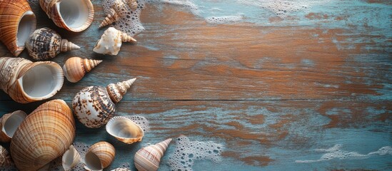 Poster - Seashells surround wood Oceanic backdrop. with copy space image. Place for adding text or design