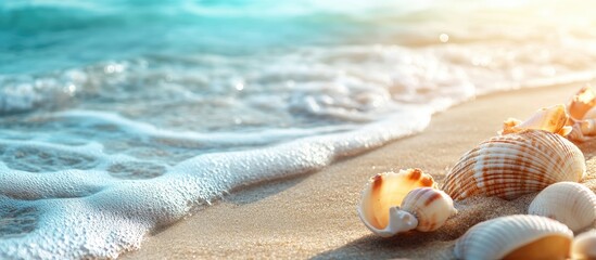 Wall Mural - seashells on the shore beach vacation idea by the ocean. with copy space image. Place for adding text or design