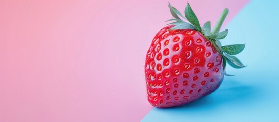 Leinwandbilder - Bright ripe juicy strawberry set against a dual pastel pink blue background. with copy space image. Place for adding text or design