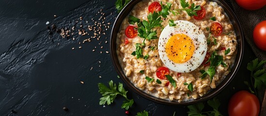 Poster - Breakfast oatmeal porridge with green herbs a boiled egg tomatoes and paprika Nutritious balanced meal Top view overhead copy space