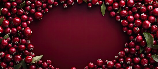 Fototapete - Ripe forest lingonberries are arranged in a circular pattern on a burgundy backdrop. with copy space image. Place for adding text or design