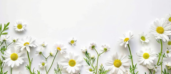 Aufkleber - Flat lay arrangement featuring blooming daisies and blank space for text on a white background Spring flowers. with copy space image. Place for adding text or design