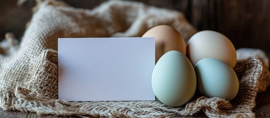 Leinwandbilder - Easter eggs on a linen napkin alongside a blank visit card with copyspace for text