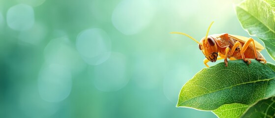  A tight shot of a bug perched on a sun-kissed leaf against a blurred backdrop of sunlit bokeh