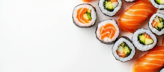 Aufkleber - sushi rolls with fish on a white background menu for a restaurant. with copy space image. Place for adding text or design