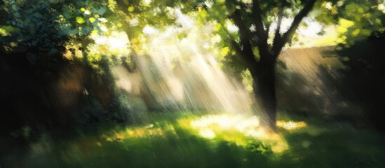 Poster - Blurred image of sunlight filtering through the leaves of trees in the yard. with copy space image. Place for adding text or design