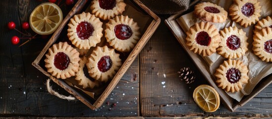 Aufkleber - Homemade classic Christmas linzer cookies in a box on a rustic wooden board with copyspace