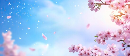 Aufkleber - branch of blooming sakura against the sky with clouds copyspace
