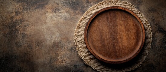 Poster - Round wooden plate on the kitchen table with free space for text Viewed from above. with copy space image. Place for adding text or design