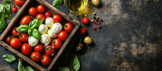 Aufkleber - Mozzarella cheese cherry tomatoes basil leaves oil and olives arranged in a wooden box Top view Copyspace available for text